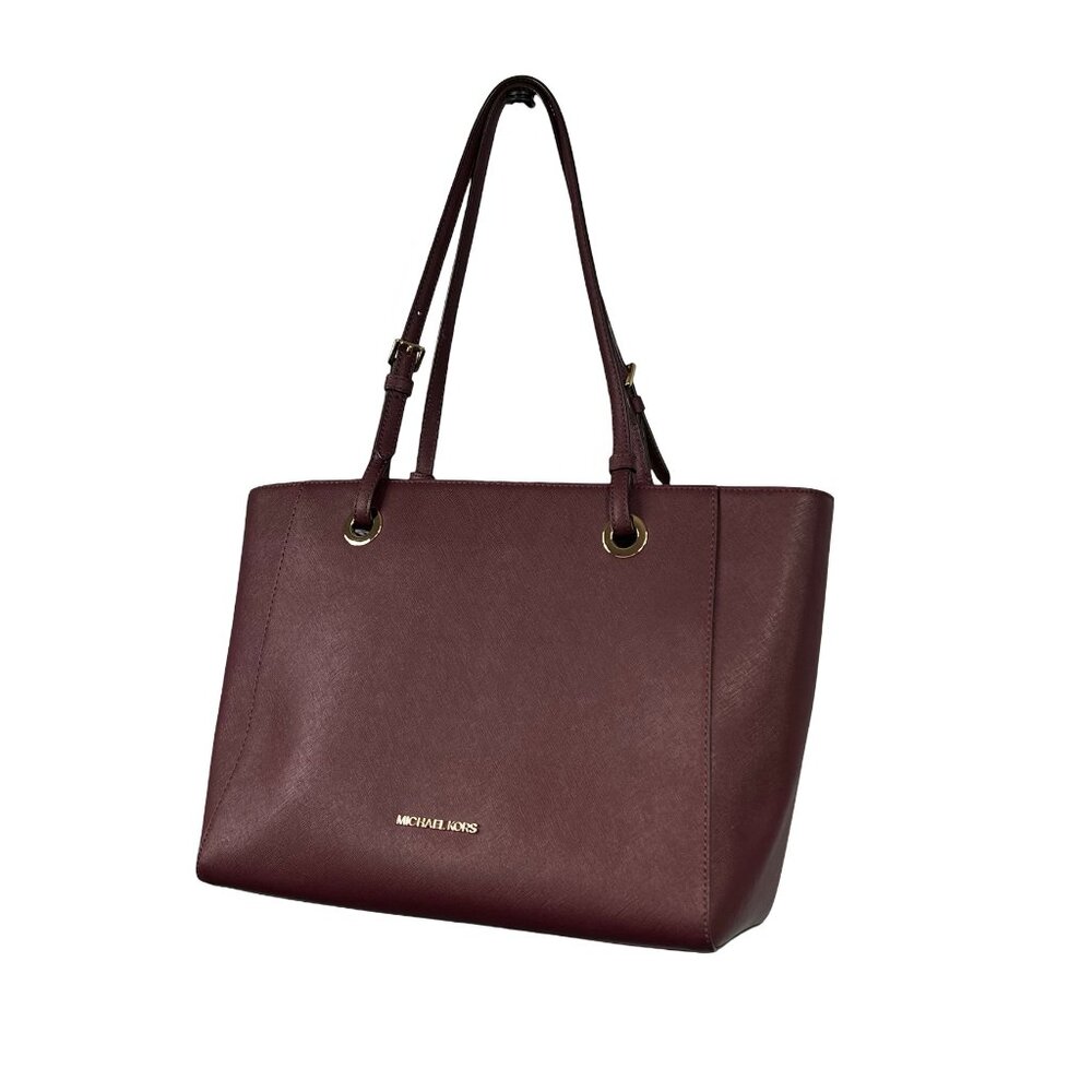 Michael Kors Large Tote Bag with zippered compartment for laptop, wine color.